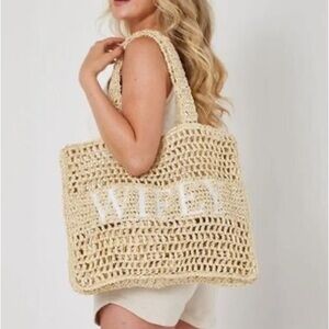 Six Stories Wifey Woven Beige Tote Bag with White Font